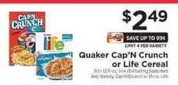 ShopRite Quaker Cap'n Crunch or Life Cereal offer