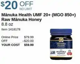 Costco Manuka health UMF 20+ MGO 850+ raw mānuka honey offer
