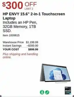 Costco HP ENVY 15.6" 2 in 1 Touchscreen Laptop offer