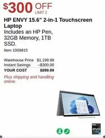 Costco HP ENVY 15.6" 2 in 1 Touchscreen Laptop offer