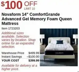 Costco Novaform comfortgrande advanced gel memory foam queen mattress offer