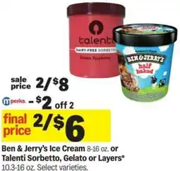 Meijer Ben & Jerry's Ice Cream or Talenti Sorbetto, Gelato or Layers offer
