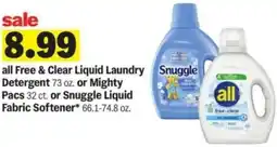 Meijer all Free & Clear Liquid Laundry Snuggle Detergent or Mighty Pacs or Snuggle Liquid Fabric Softener offer