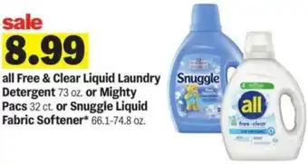 Meijer all Free & Clear Liquid Laundry Snuggle Detergent or Mighty Pacs or Snuggle Liquid Fabric Softener offer