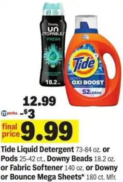 Meijer Tide Liquid Detergent or Pods Downy Beads or Fabric Softener or Downy or Bounce Mega Sheets offer