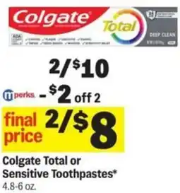 Meijer Colgate Total or Sensitive Toothpastes offer