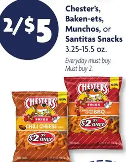 Family Dollar Chester's, Baken-ets, Munchos, or Santitas Snacks offer