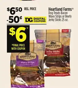 Dollar General Heartland Farms Dog Treats Bacon Wavy Strips or Beefy Jerky Sticks offer