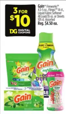 Dollar General Gain Fireworks ct Liquid Fabric Softener Load/Sheets ct offer