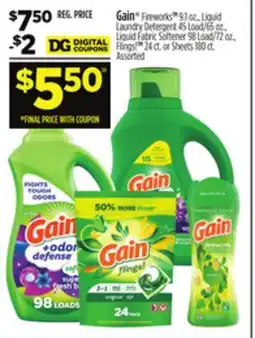 Dollar General Gain Fireworks, Liquid Laundry Detergent, Liquid Fabric Softener, Flings! or Sheets offer
