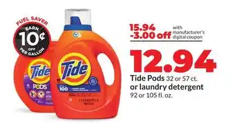 Hy-Vee Tide Pods 32 or 57 ct. or laundry detergent 92 or 105 fl. oz offer
