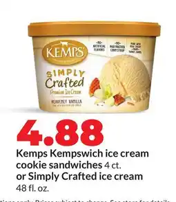Hy-Vee Kemps Kempswich ice cream cookie sandwiches 4 ct. or Simply Crafted ice cream 48 fl. oz offer