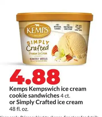 Hy-Vee Kemps Kempswich ice cream cookie sandwiches 4 ct. or Simply Crafted ice cream 48 fl. oz offer