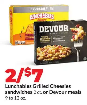 Hy-Vee Lunchables Grilled Cheesies sandwiches 2 ct. or Devour meals offer