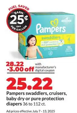 Hy-Vee Pampers swaddlers, cruisers, baby dry or pure protection diapers offer