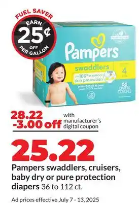 Hy-Vee Pampers swaddlers, cruisers, baby dry or pure protection diapers offer