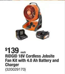 The Home Depot RIDGID 18V Cordless Jobsite Fan Kit with 4.0 Ah Battery and Charger offer