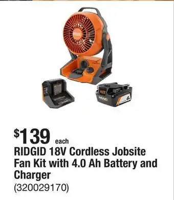 The Home Depot RIDGID 18V Cordless Jobsite Fan Kit with 4.0 Ah Battery and Charger offer