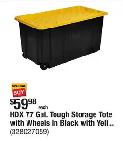 The Home Depot HDX 77 Gal. Tough Storage Tote with Wheels in Black with Yellow Lid offer