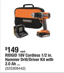 The Home Depot RIDGID 18V Cordless 1/2 in. Hammer Drill/Driver Kit with 2.0 Ah Battery and Charger offer