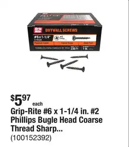 The Home Depot Grip-Rite #6 x 1-1/4 in. #2 Phillips Bugle Head Coarse Thread Sharp Point Drywall Screws 1 lb. Box offer