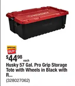 The Home Depot Husky 57 Gal. Pro Grip Storage Tote with Wheels in Black with Red Lid offer