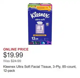 Costco Kleenex Ultra Soft Facial Tissue, 3-Ply, 85-count, 12-pack offer