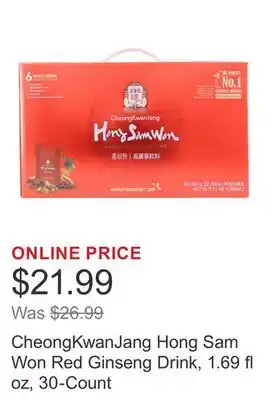 Costco CheongKwanJang Hong Sam Won Red Ginseng Drink, 1.69 fl oz, 30-Count offer