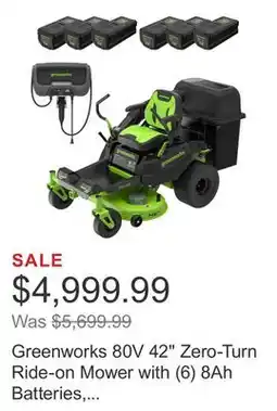Costco Greenworks 80V 42 Zero-Turn Ride-on Mower with (6) 8Ah Batteries, 1.5kW Charger, and Bagger offer