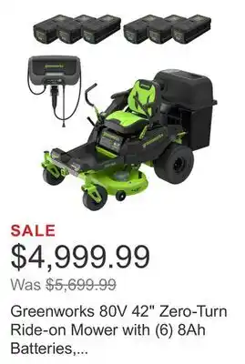 Costco Greenworks 80V 42 Zero-Turn Ride-on Mower with (6) 8Ah Batteries, 1.5kW Charger, and Bagger offer