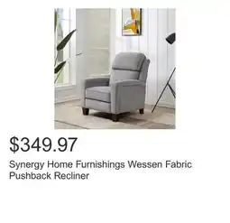 Costco Synergy Home Furnishings Wessen Fabric Pushback Recliner offer