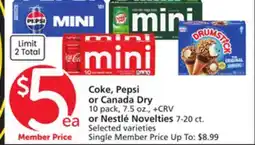 Albertsons Coke, Pepsi or Canada Dry 10 pack, 7.5 oz., or Nestlé Novelties 7-20 ct offer