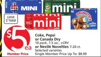 Albertsons Coke, Pepsi or Canada Dry 10 pack, 7.5 oz., or Nestlé Novelties 7-20 ct offer