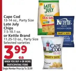 Albertsons Cape Cod 13-14 oz., Party Size Late July Chips 7.5-10.1 oz. or Kettle Brand 11.25-13 oz., Party Size offer