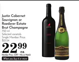 Pavilions Justin Cabernet Sauvignon or Roederer Estate Brut Champagne offer