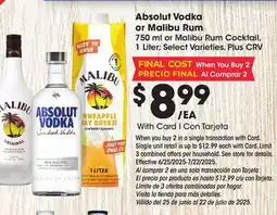 Ralphs Absolut Vodka or Malibu Rum offer