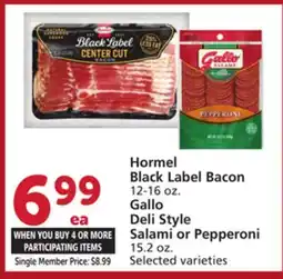 Vons Hormel Black Label Bacon 12-16 oz. Gallo Deli Style Salami or Pepperoni 15.2 oz offer