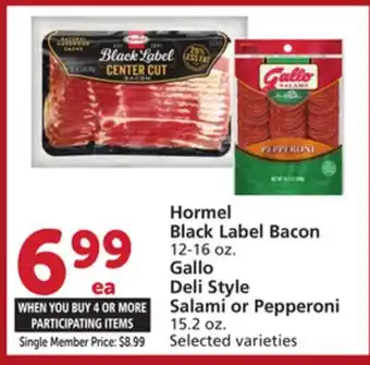 Vons Hormel Black Label Bacon 12-16 oz. Gallo Deli Style Salami or Pepperoni 15.2 oz offer