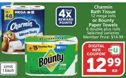 Vons Charmin Bath Tissue 12 mega rolls or Bounty Paper Towels 6 double plus rolls offer