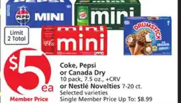 Vons Coke, Pepsi or Canada Dry 10 pack, 7.5 oz., + CRV or Nestlé Novelties 7-20 ct offer