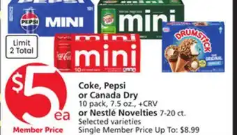 Vons Coke, Pepsi or Canada Dry 10 pack, 7.5 oz., + CRV or Nestlé Novelties 7-20 ct offer