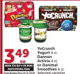 Vons YoCrunch Yogurt 4 ct. Dannon Activia 4 ct. or Danimal Smoothies 6 ct offer