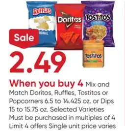 Stater Bros Doritos, Ruffles, Tostitos or Popcorners 6.5 to 14.425 oz. or Dips 15 to 15.75 oz offer