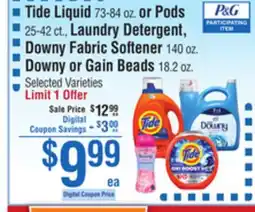 Smart & Final Tide Liquid or Pods, Laundry Detergent, Downy Fabric Softener Downy or Gain Beads offer