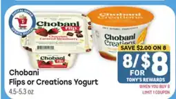 Tony’s Fresh Market Chobani Flips or Creations Yogurt offer
