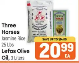 Tony’s Fresh Market Three Horses Jasmine Rice 25 Lbs, Lefas Olive Oil, 3 Liters offer