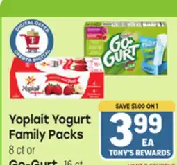 Tony’s Fresh Market Yoplait Yogurt Family Packs 8 ct or Go-Gurt, 16 ct offer