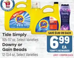 Tony’s Fresh Market Tide Simply 105-117 oz, Downy or Gain Beads 12-13.4 oz offer