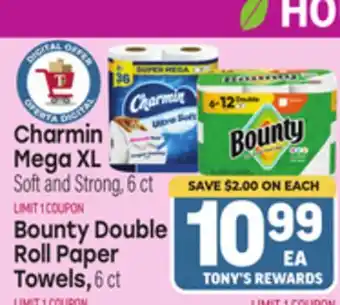 Tony’s Fresh Market Charmin Mega XL Soft and Strong, 6 ct., Bounty Double Roll Paper Towels, 6 ct offer