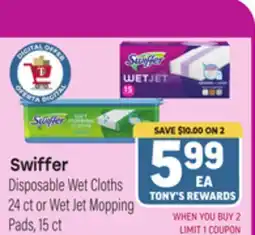 Tony’s Fresh Market Swiffer Disposable Wet Cloths 24 ct or Wet Jet Mopping Pads, 15 ct offer